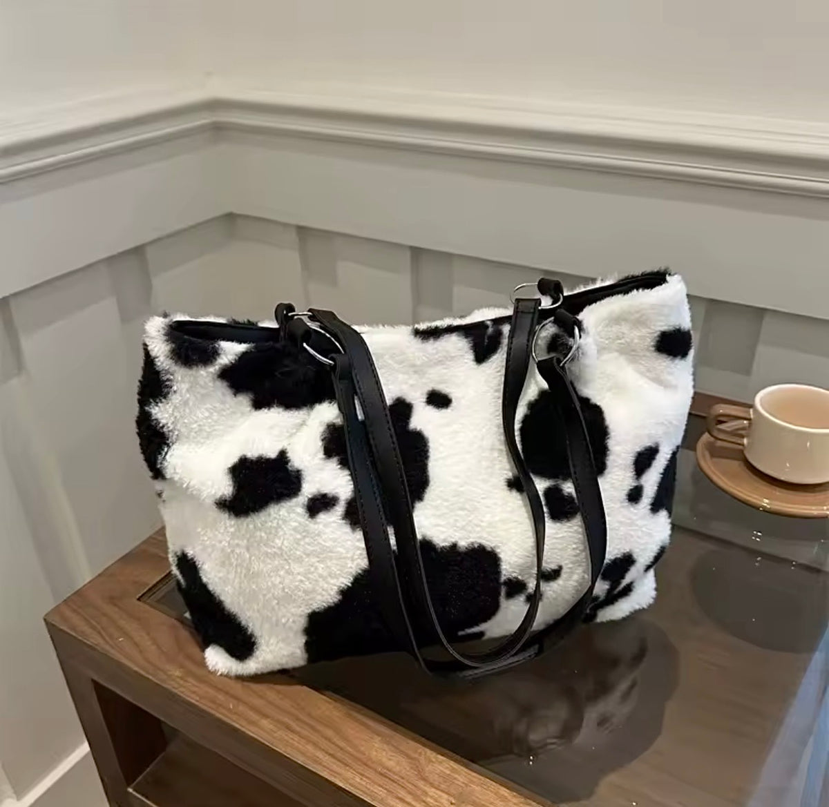 Cow Print Faux Fur Tote Bag