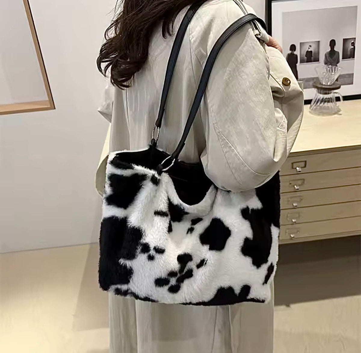 Cow Print Faux Fur Tote Bag