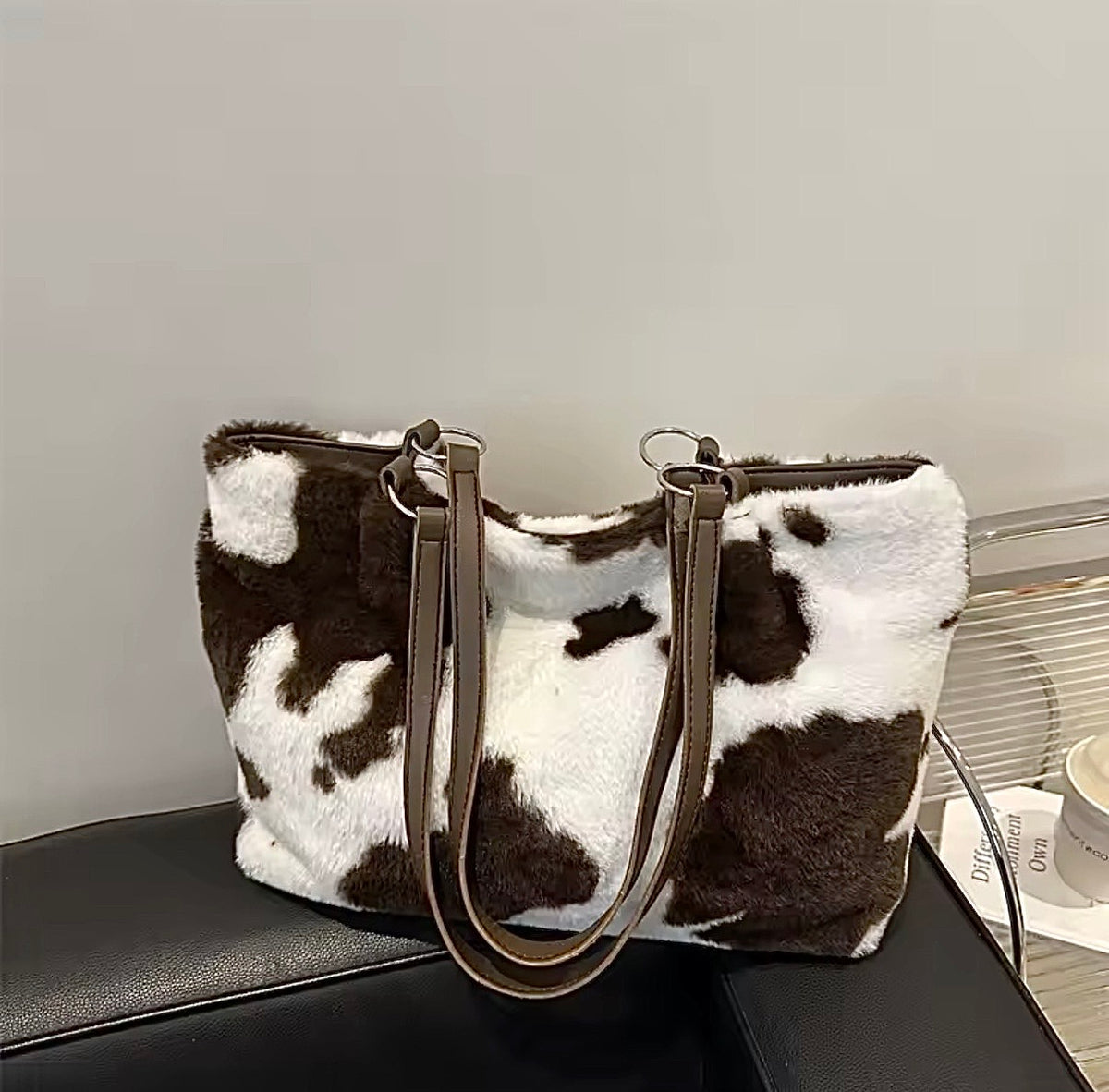 Cow Print Faux Fur Tote Bag