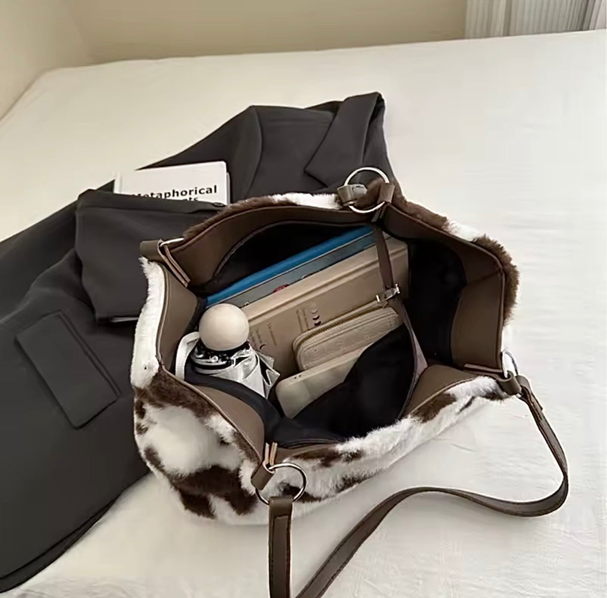 Cow Print Faux Fur Tote Bag