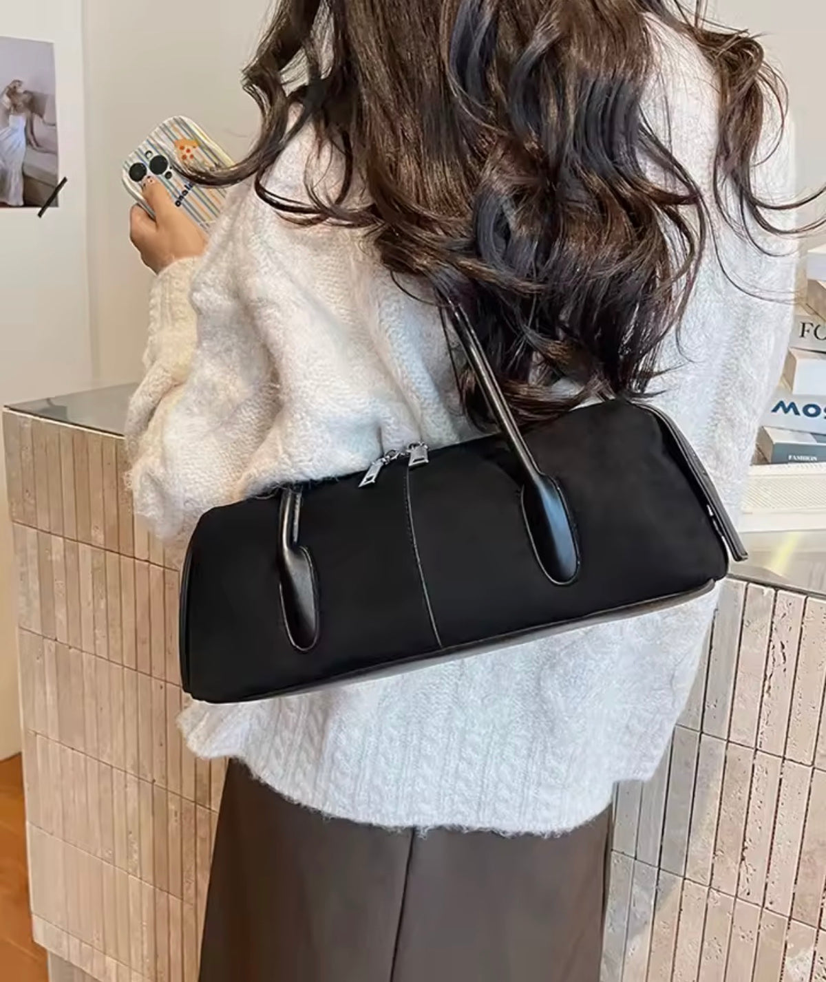 Velvety Barrel Style Purse Shoulder Bag