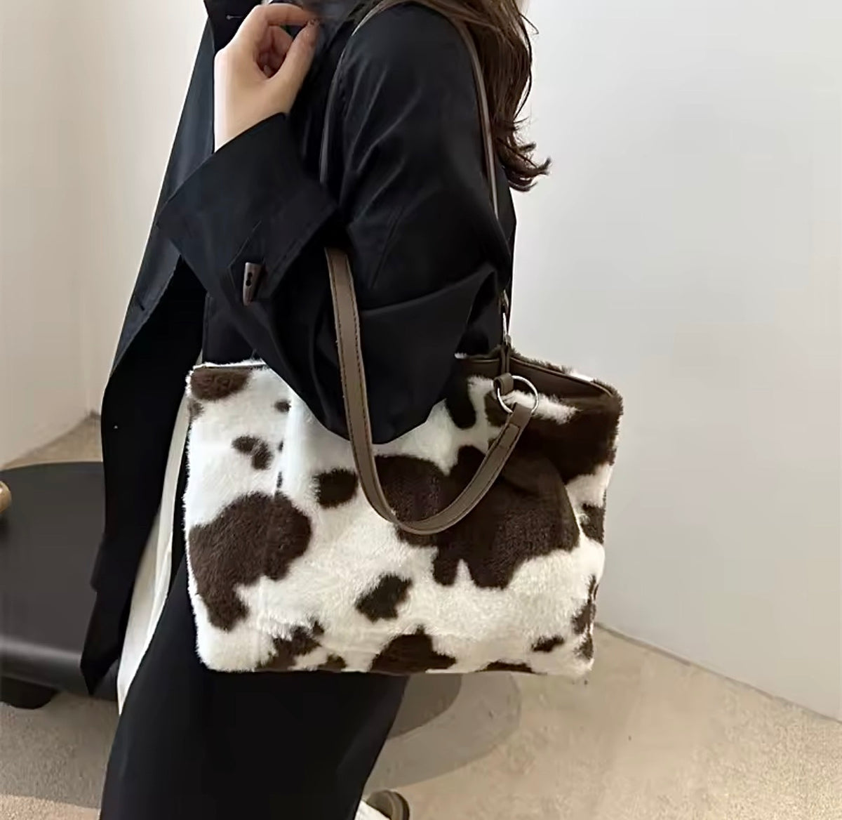Cow Print Faux Fur Tote Bag